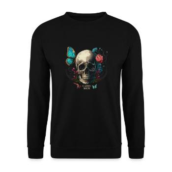 carpe diem - Totenkopf, Schmetterling, Blumen - Unisex Pullover - Schwarz - Vorne - Alina (178cm) & Michal (187cm)