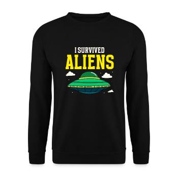 Ich habe Aliens Retro Flying Saucer überlebt - Unisex Pullover - Schwarz - Vorne - Alina (178cm) & Michal (187cm)