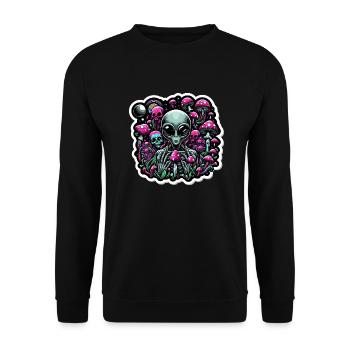 Psychedelischer Alien mit Pilzen - Unisex Pullover - Schwarz - Vorne - Alina (178cm) & Michal (187cm)