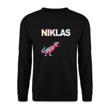NIKLAS - Beautiful boy name with dinosaur - Unisex Sweatshirt - black - Front - Alina (178cm) & Michal (187cm)