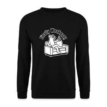 Hund auf der Couch - "Endlich Wochenende!" Entwurf - Unisex Pullover - Schwarz - Vorne - Alina (178cm) & Michal (187cm)