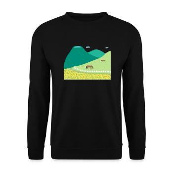 Frühling in Jeju, Rapsfeldern und Hallasan - Unisex Pullover - Schwarz - Vorne - Alina (178cm) & Michal (187cm)