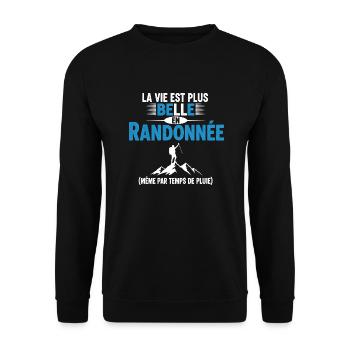 Das Leben ist schöner im Wandern Humor Geschenk - Unisex Pullover - Schwarz - Vorne - Alina (178cm) & Michal (187cm)