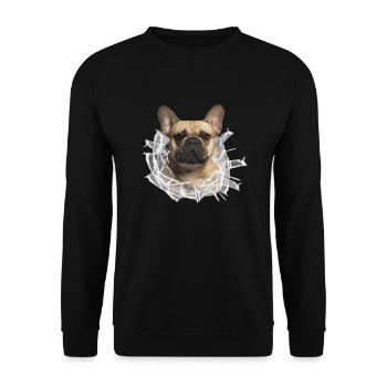 Französische Bulldogge im *Glas-Loch* - Unisex Pullover - Schwarz - Vorne - Alina (178cm) & Michal (187cm)