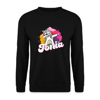 TONIA - Schöner Mädchen Name mit coolem Einhorn - Unisex Pullover - Schwarz - Vorne - Alina (178cm) & Michal (187cm)