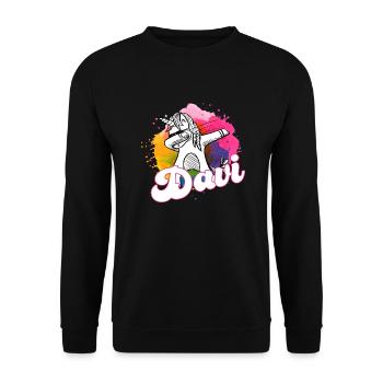 DAVI - Schöner Jungen Name mit Coolem Einhorn - Unisex Pullover - Schwarz - Vorne - Alina (178cm) & Michal (187cm)