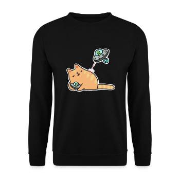 Katze mit UFOs - Unisex Pullover - Schwarz - Vorne - Alina (178cm) & Michal (187cm)