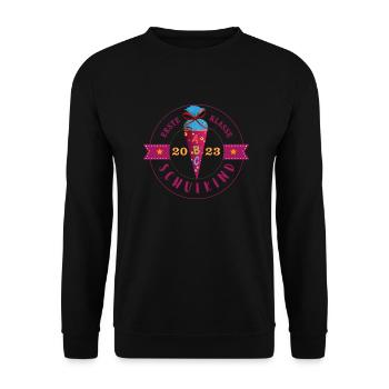 Schulkind 2023 Label Erste Klasse - Unisex Pullover - Schwarz - Vorne - Alina (178cm) & Michal (187cm)