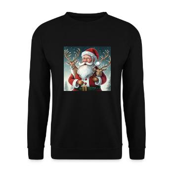 Weihnachtsmann mit Rentiere - Unisex Pullover - Schwarz - Vorne - Alina (178cm) & Michal (187cm)