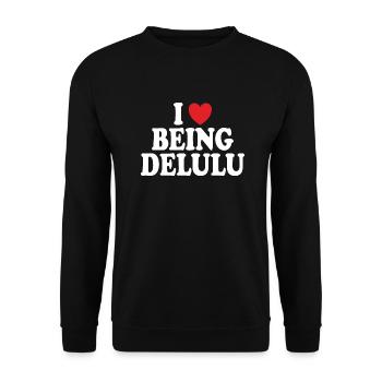 "I love being delulu" // trending designs - Unisex Pullover - Schwarz - Vorne - Alina (178cm) & Michal (187cm)