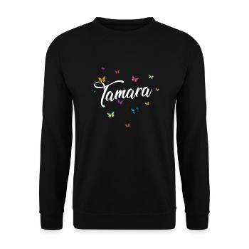 TAMARA - Mädchen Name mit bunten Schmetterlingen - Unisex Pullover - Schwarz - Vorne - Alina (178cm) & Michal (187cm)