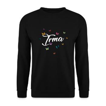 IRMA - Mädchen Name mit bunten Schmetterlingen - Unisex Pullover - Schwarz - Vorne - Alina (178cm) & Michal (187cm)