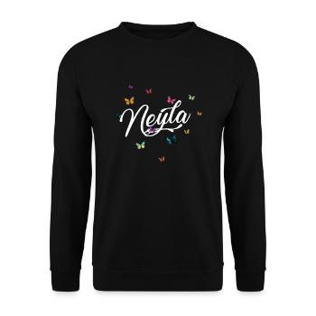 NEYLA - Mädchen Name mit bunten Schmetterlingen - Unisex Pullover - Schwarz - Vorne - Alina (178cm) & Michal (187cm)