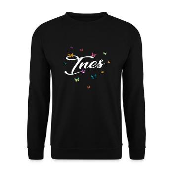 INES - Girl's Name with Colorful Butterflies - Unisex Sweatshirt - black - Front - Alina (178cm) & Michal (187cm)