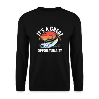 It’s a Great Oppor-tuna-ty für eine Anglerin - Unisex Pullover - Schwarz - Vorne - Alina (178cm) & Michal (187cm)