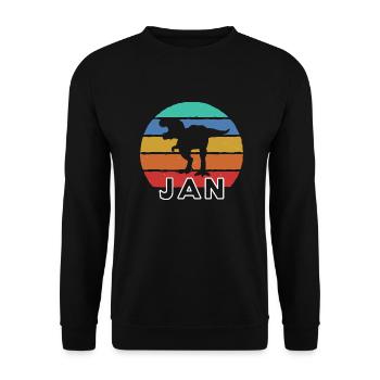 JAN - Schöner Jungen Name mit Dinosaurier - Unisex Pullover - Schwarz - Vorne - Alina (178cm) & Michal (187cm)