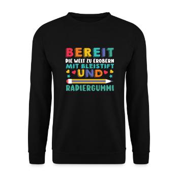 Erste Klasse Grundschule Schulbeginn Geschenk - Unisex Pullover - Schwarz - Vorne - Alina (178cm) & Michal (187cm)