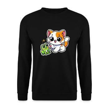 Cute ginger white Cat met a frog - Unisex Sweatshirt - black - Front - Alina (178cm) & Michal (187cm)