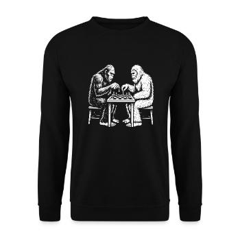 Bigfoot und Yeti spielen Schach - Unisex Pullover - Schwarz - Vorne - Alina (178cm) & Michal (187cm)