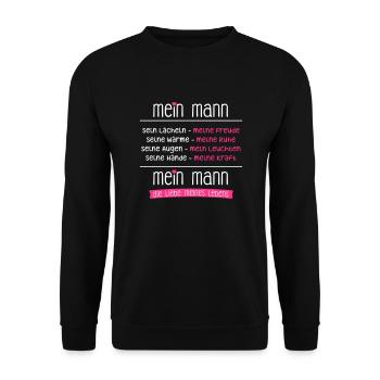 Mein Mann ist die Liebe meines Lebens - Geschenk - Unisex Pullover - Schwarz - Vorne - Alina (178cm) & Michal (187cm)