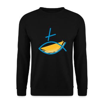 Altkatholischer Logo Fisch Blau/Gelb - Unisex Pullover - Schwarz - Vorne - Alina (178cm) & Michal (187cm)