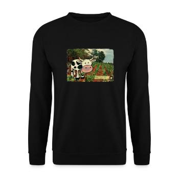 Cowtabak vs Kautabak - kauende Kuh auf einem Feld. - Unisex Pullover - Schwarz - Vorne - Alina (178cm) & Michal (187cm)