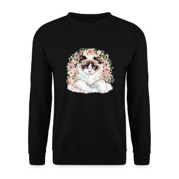 Ragdoll Katze mit Blumen - Aquarell - Unisex Pullover - Schwarz - Vorne - Alina (178cm) & Michal (187cm)