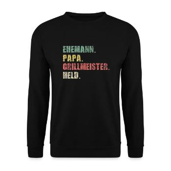 Ehemann Papa Grillmeister Held | Vintage Vatertags - Unisex Pullover - Schwarz - Vorne - Alina (178cm) & Michal (187cm)