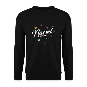 NAEMI - Mädchen Name mit bunten Schmetterlingen - Unisex Pullover - Schwarz - Vorne - Alina (178cm) & Michal (187cm)