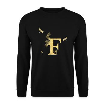 Buchstabe f Goldene Glitzerlibelle - Geschenkidee - Unisex Pullover - Schwarz - Vorne - Alina (178cm) & Michal (187cm)