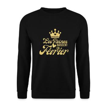 Königinnen werden im Februar geboren goldener Glitzer - Unisex Pullover - Schwarz - Vorne - Alina (178cm) & Michal (187cm)