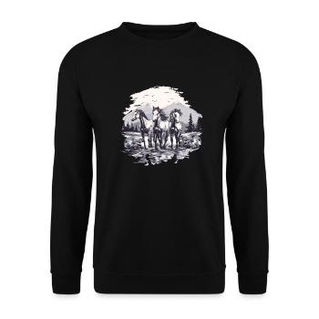 Pferde Berge Reiten Reitsport Natur Wildpferde - Unisex Pullover - Schwarz - Vorne - Alina (178cm) & Michal (187cm)