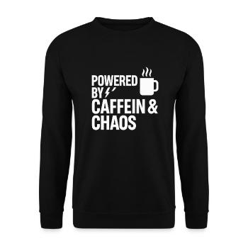 Powered by Koffein & Chaos | Funny Coffee Quote - Unisex Pullover - Schwarz - Vorne - Alina (178cm) & Michal (187cm)