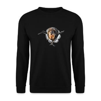 Rauhaardackel im *Metall-Loch* - Unisex Pullover - Schwarz - Vorne - Alina (178cm) & Michal (187cm)