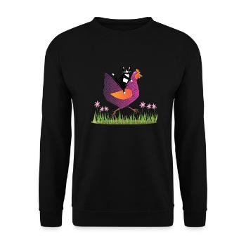Hen Rider - Katze auf Huhn - Geschenkidee - Unisex Pullover - Schwarz - Vorne - Alina (178cm) & Michal (187cm)