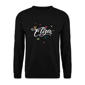 ELIZA - Mädchen Name mit bunten Schmetterlingen - Unisex Pullover - Schwarz - Vorne - Alina (178cm) & Michal (187cm)