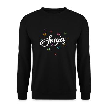 SONJA - Mädchen Name mit bunten Schmetterlingen - Unisex Pullover - Schwarz - Vorne - Alina (178cm) & Michal (187cm)
