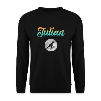 JULIAN - Schöner Jungen Name mit Dinosaurier - Unisex Pullover - Schwarz - Vorne - Alina (178cm) & Michal (187cm)