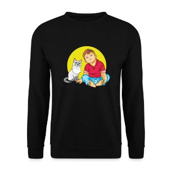 Junge spricht mit einer Siamkatze - Unisex Pullover - Schwarz - Vorne - Alina (178cm) & Michal (187cm)