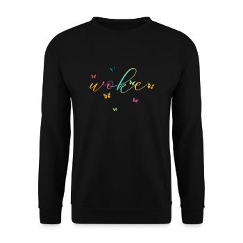 Self-deprecating saying: WOKE - Unisex Sweatshirt - black - Front - Alina (178cm) & Michal (187cm)