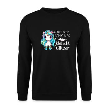 Einhorn & Es Klatscht Glitzer - Unisex Pullover - Schwarz - Vorne - Alina (178cm) & Michal (187cm)