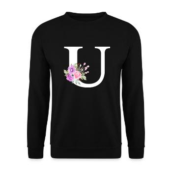 Lila Blumenbuchstabe u - Unisex Pullover - Schwarz - Vorne - Alina (178cm) & Michal (187cm)