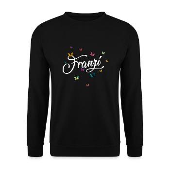 FRANZI - Mädchen Name mit bunten Schmetterlingen - Unisex Pullover - Schwarz - Vorne - Alina (178cm) & Michal (187cm)
