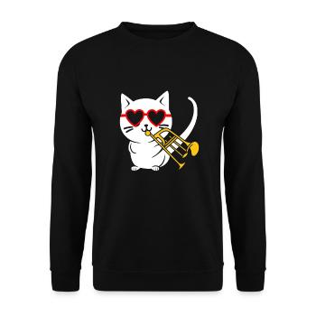 Katze mit Sonnenbrille spielt Trompete - Unisex Pullover - Schwarz - Vorne - Alina (178cm) & Michal (187cm)