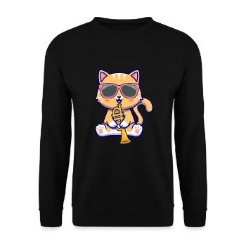 Katze mit Sonnenbrille spielt Trompete - Unisex Pullover - Schwarz - Vorne - Alina (178cm) & Michal (187cm)