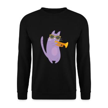 Katze mit Sonnenbrille spielt Trompete - Unisex Pullover - Schwarz - Vorne - Alina (178cm) & Michal (187cm)