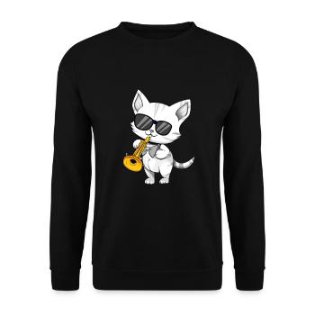 Katze mit Sonnenbrille spielt Trompete - Unisex Pullover - Schwarz - Vorne - Alina (178cm) & Michal (187cm)