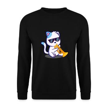 Katze mit Sonnenbrille spielt Trompete - Unisex Pullover - Schwarz - Vorne - Alina (178cm) & Michal (187cm)