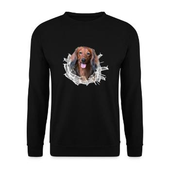 Dackel Langhaar im *Glas-Loch* - Unisex Pullover - Schwarz - Vorne - Alina (178cm) & Michal (187cm)