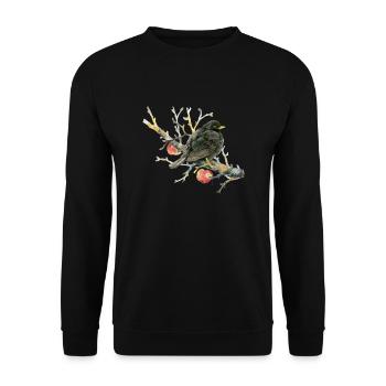 Liebevoll gemalte Amsel auf einem Apfelzweig - Unisex Pullover - Schwarz - Vorne - Alina (178cm) & Michal (187cm)